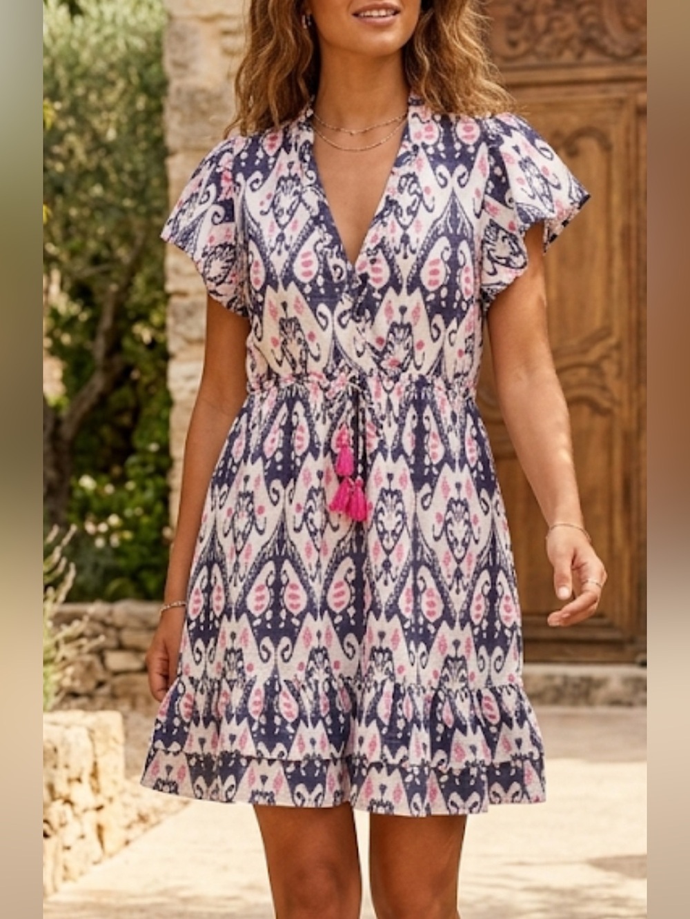 LA PLAGE Dress Tassel Tie Neck Tiered Sundress Cover Up Boho Cotton Blue Pink